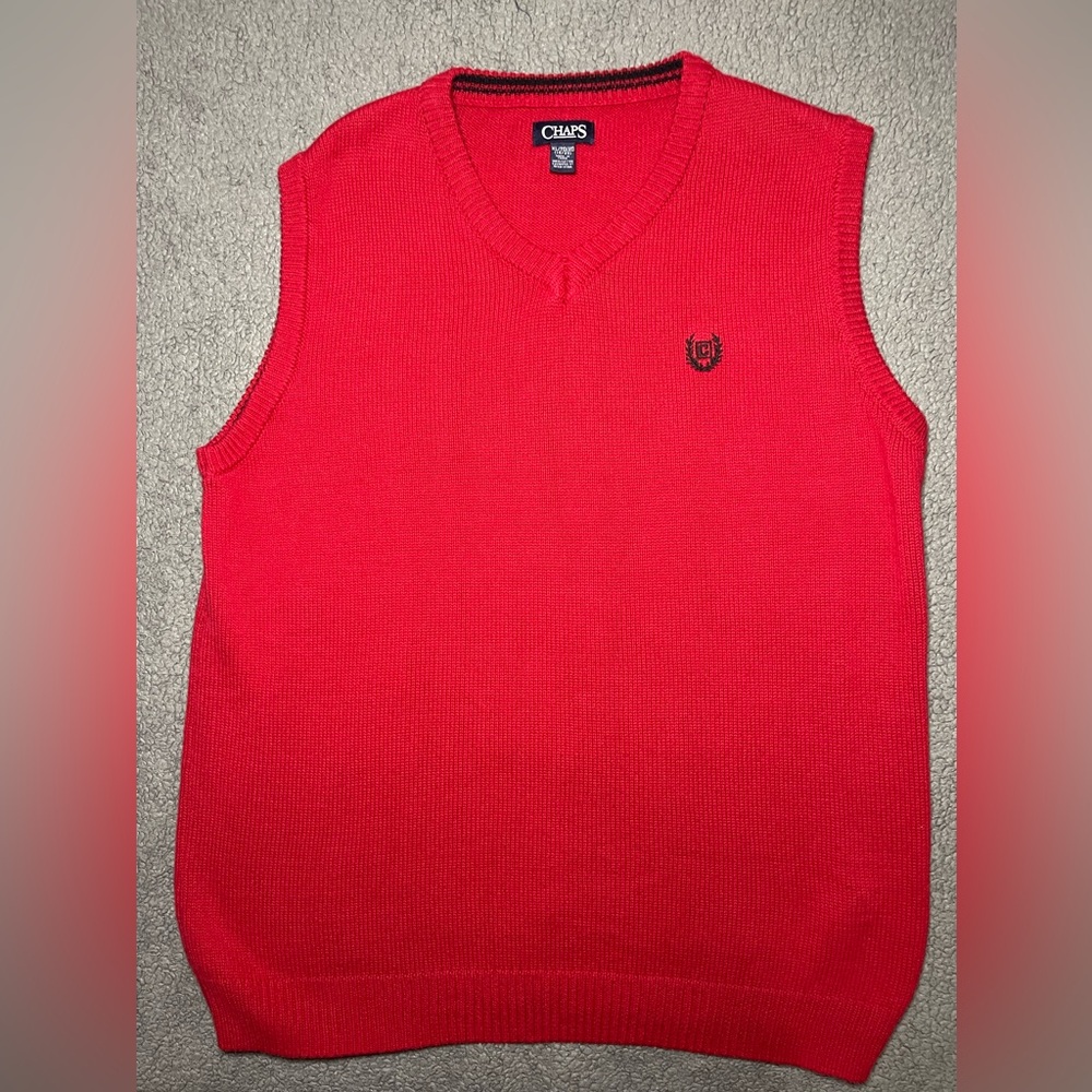 Chaps Sweater Vest Kids XL (18/20) Red V-Neck Cotton Preppy